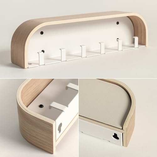 Kazai. Key Holder 'Toke' | Minimalist Key Hook Design from Berlin | Modern Key Holder Wall Mount with Wooden Shelf | Key Rack for Wall as Entryway Organizer | Oak, White - color: Oak, white, size: 6 Hooks