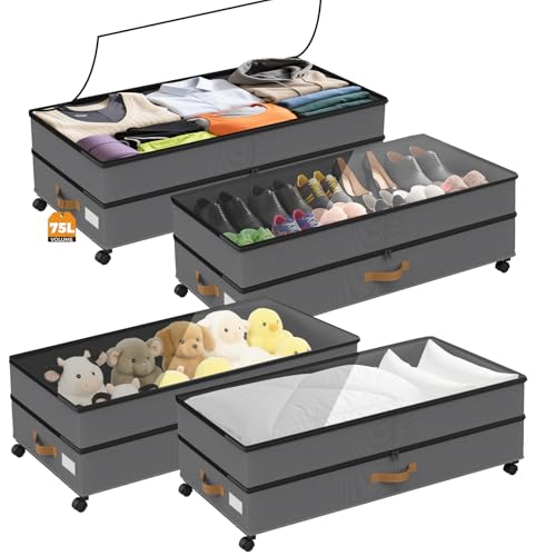 Under Bed Storage with Wheels 4-Pack, 75L XXL Under the Bed Storage Containers Large, 12" Tall Adjustable Storage for Underbed with Lids, Rolling for Shoes, Clothes, Blankets (4PCS-Grey) - color: 4PCS-Grey