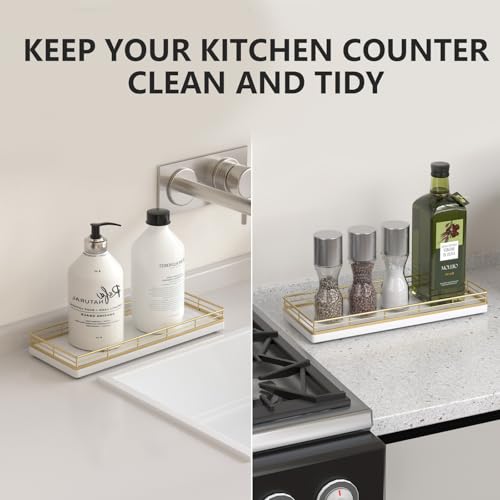 Bathroom Tray for Counter Top Organizer – Oak Wood Vanity Tray with Metal Frame for Dresser, Kitchen, Nightstand – Gold & White Decorative Storage - color: Gold & White, size: 11" x 4.5" x 1.5"