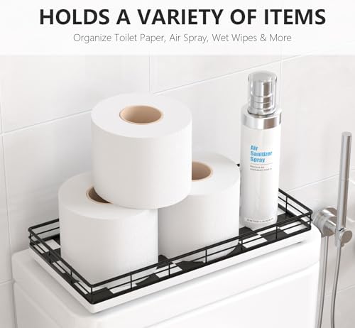 Toilet Paper Basket Organizer – Oak Wood Toilet Tank Tray with Metal Frame, Bathroom Counter Top Storage for Toilet Paper, Wipes & Decor, Modern Narrow Back of Tank Shelf Organizer, Black & White - color: Black & White, size: 13" x 6.5" x 2"