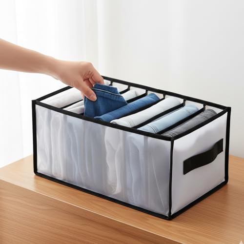 1 Pack Wardrobe Clothes Organizer, Clear Drawer Organizer with 7 Grids Divider for Clothing Jeans, Closet Bedroom Dorm Room, Black - color: 7 Grids Black