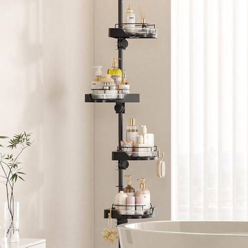 akinbas Shower Caddy Tension Pole with 4 Lazy Susan Organizer 360 Rotating 35-128 Inch No Drilling Floor Standing Shelves Adjustable Shower Rack for Bathroom Corner (Black) - color: Black, size: 4 Tier-Rotation