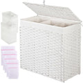 Greenstell Laundry Hamper with Lid, 125L Wicker Laundry Baskets with 2 Removable Liner Bags & 5 Mesh Laundry Bags, Handwoven Rattan Clothes Hamper with Handles for Clothes in Bathroom, Bedroom - color: Light White