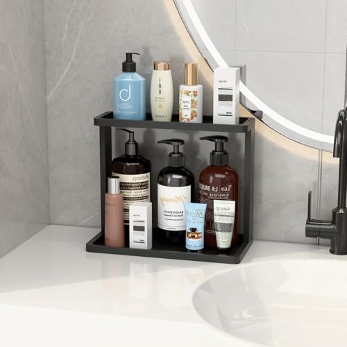PEKER Bamboo Bathroom Organizer Countertop – Small Vanity Storage Shelf for Makeup, Perfume, Skincare – Natural Cosmetics Display Rack for Dresser, Sink, Kitchen –Black - color: Black Bamboo