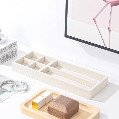 2Pcs Desk Drawer Storage Tray, Nightstand Organizer, Necklace Bracelet Ring Earring Jewelry Display, Grid Table Organizer Holder for Sunglass, Phone, Watch, Perfume (6 grid)/Beige - color: Beige, size: 6 Grid