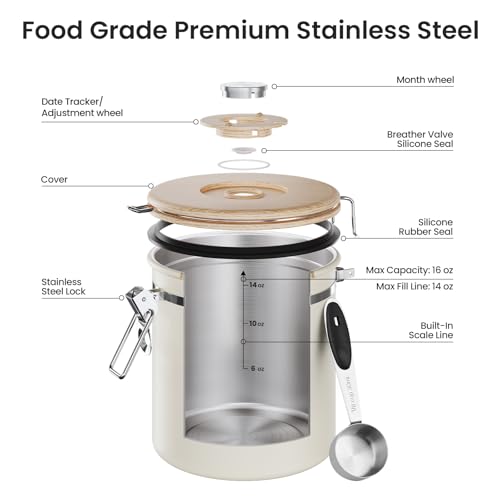 Veken Coffee Canister, Airtight Stainless Steel Kitchen Food Storage Container with Date Tracker and Scoop for Beans, Grounds, Tea, Flour, Cereal, Sugar, Cookie, 16OZ, Cream - color: Cream, size: 16 oz