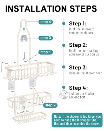Shower Caddy Hanging - Never Rust Shower Hanging Organizer - Aluminum Over the ShowerHead Caddy with Soap Basket and 6 Hooks for Razor/Sponge (Milky White) - color: Milky White