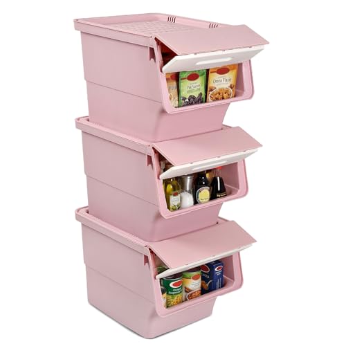 Giantex Plastic Stackable Storage Bins with Lids & Wheels, 3 Pack Open Front Stacking Bins, Organizer Bins for Pantry, Kitchen, Laundry, Closet, Playroom, Bedroom Organization (35 QT) - color: White + Pink, size: 3 Pack, 35 QT