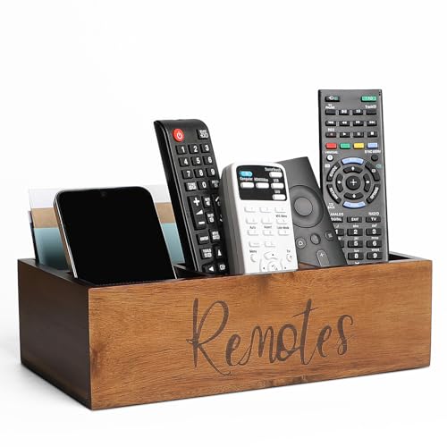 LBEMEY Acacia Wood Remote Control Holder Caddy, TV Organizer for Table, Vintage Farmhouse Desk Caddy (Brown-for 6+ Controls)