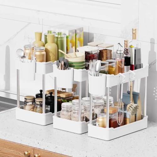 3 Pack Under Sink Organizers and Storage, 2 Tier Bathroom Cabinet Organizer Shelf with Hanging Cups for Kitchen & Bathroom (White) - color: White, size: 3 Pack