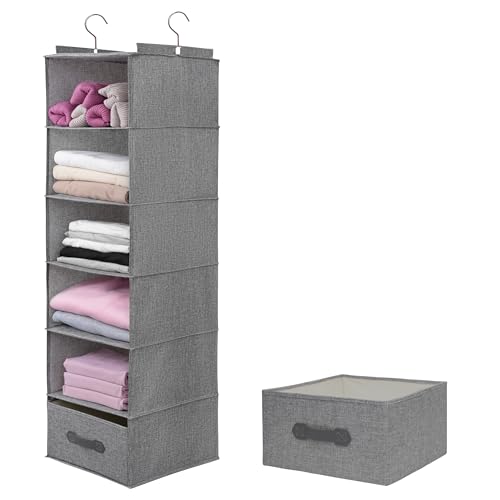 Large Hanging Sweater Organizer for Closet,Collapsible 6-Shelf Hanging Closet Shelves with Drawers, Washable (Grey-6 Shelf-1 d) - color: Dark Gray, size: 6 Shelf with 1 drawers