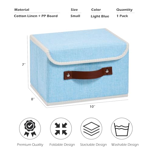 Storage Boxes with Lid Cotton Linen Fabric Storage Bins Organizer Container Decorative Collapsible Washable Shelf Baskets Faux Leather Handles for Home Bedroom Closet (Light Blue, Small) - color: Light Blue, size: Small (Set of 1)