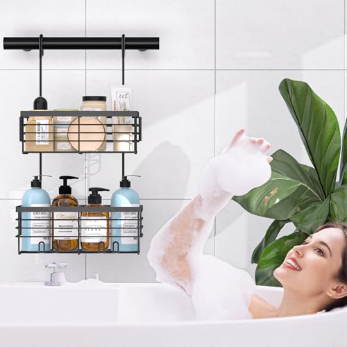 YUOROS Hanging Shower Caddy, 2 Tier Over the Door Shower Organizer Rack Organizer Stainless Steel Rustproof (Black) - color: Black, size: 2 Tier
