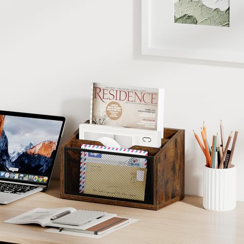 Mail Organizer, Mail Sorter Wall Mounted with 3 Slots, Mail Organizer Countertop Desk, Mail Holder for Home Office, Mail Sorter Office Accessories Organizer for File Letter Paper Folder - color: Rustic Brown