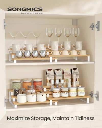 SONGMICS Display Risers, Set of 2 Engineered Wood Perfume Organizer Stand, 3-Tier Cupcake Stand Holder, Spice Rack, Shelf Risers for Figures, Dessert Shelves, Natural Beige and Cloud White UKCS016N02 - color: Natural Beige + Cloud White, size: 3 Tiers