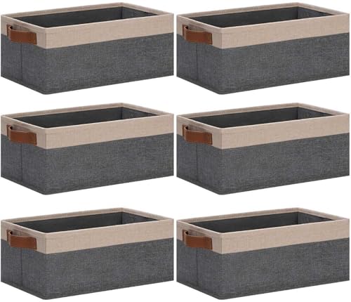 GhvyenntteS Small Fabric Storage Bins 6 Pack, 11.8" x 7.87" x 5.11" Storage Basket with Leather Handles, Closet Storage Bins for Shelves, Storage Baskets for Shelves, DVD Storage (Grey/Beige Yellow) - color: Grey&Beige Yellow, size: Small-11.8"x 7.87"x 5.