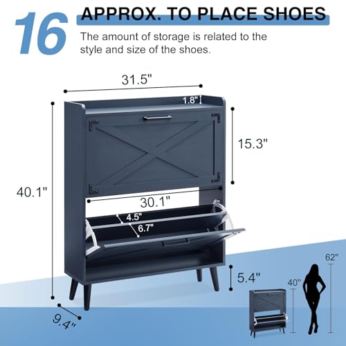 Barnyatoh Shoe Storage Cabinet,Farmhouse Shoe Organizer with 2 Flip Drawers & Barn Door Design,Freestanding Hidden Slim Narrow Shoe Rack Cabinet for Entryway,Foyer,Hallway,Navy Blue - color: Navy Blue, size: 2-Drawers