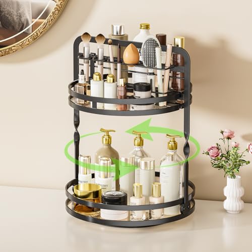 360° Rotating Makeup Organizer, 2-Tier Black Perfume Organizer for Dresser, Bathroom Organizers Countertop, Perfume Shelf with Makeup Brush Holder, Skincare Holder Cosmetic Display(Black) - color: Black