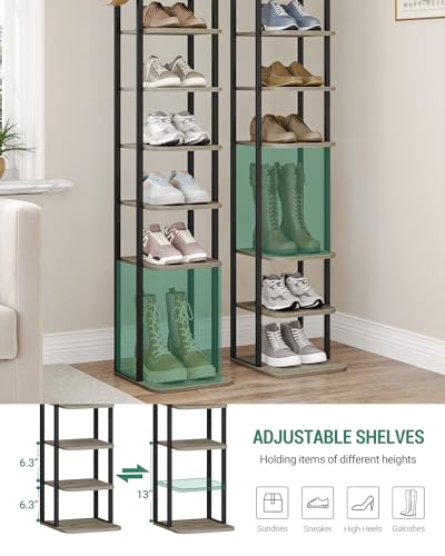 Hzuaneri 10 Tiers Vertical Shoe Rack, Narrow Shoe Tower, Tall Shoes Shelf with 2 Hooks, Adjustable Shelves, Corner Shoes Shelves for Small Spaces, Entryway, Living Room, Greige SR11205B - color: Greige and Black, size: 10 Tier(11.8"D x 10.4"W x 67.3"H)