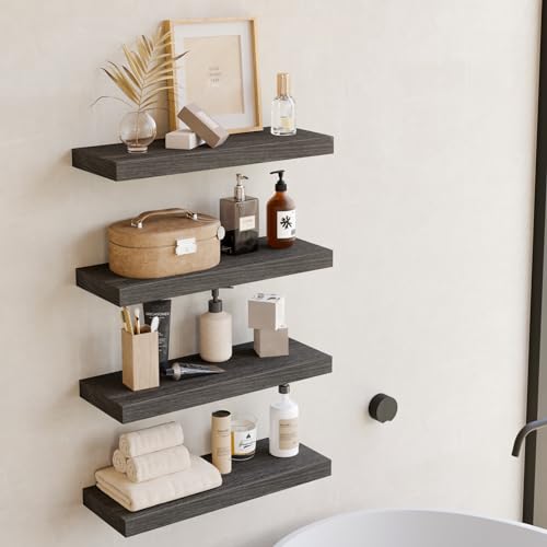 Fixwal 15.8in Floating Shelves, Rustic Wood Finish Wall Shelves Set of 4, Shelves for Wall Decor, with Invisible Brackets for Bathroom, Living Room,Bedroom and Kitchen(Gray) - color: Grey