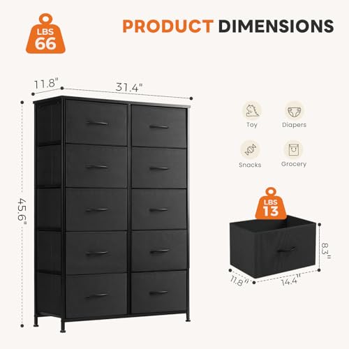 Sweetcrispy Black Dresser for Bedroom, 10 Drawer Tall Dresser, Fabric Storage Tower with Bins, Chest Organizer Unit for Bedroom Closet, Hallway, Steel Frame Wood Top, Easy Pull Handle - color: Black