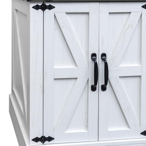 Farmhouse End Table with Charging Station, Rustic Wood Nightstand with Adjustable Shelf, 19.6"W Versatile Walnut Sofa Side Table with Barn Doors and Retro Hinges for Bedroom, Living Room (White-kk025) - color: White-kk025