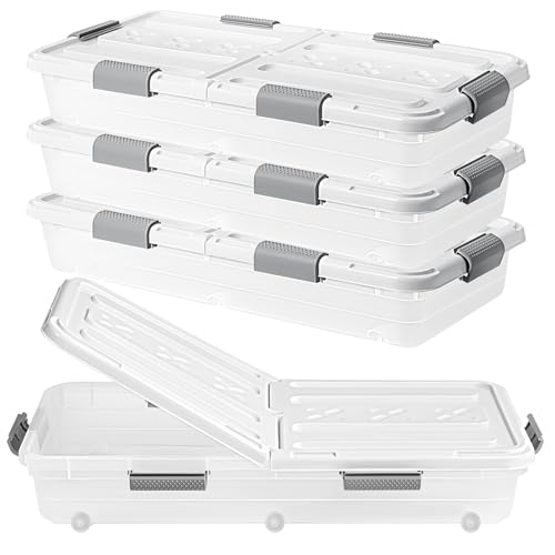4 PCS*49 Qt Wheeled Latching Under Bed Storage, Double Opening Lids Stackable Bin with Latch Lid, Plastic Container to Organize Shoes Underbed, Clear with White Lid(White) - size: 37Quart*4PC
