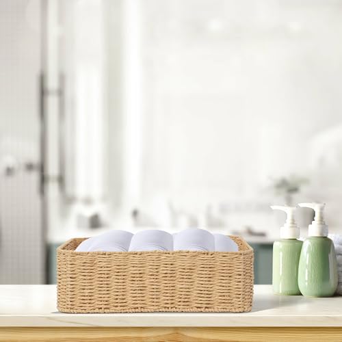 Drawer basket Handwoven Paper Rope Rectangular Shallow Basket Storage-15.35X12.01X4.72 Inches (Light brown) - color: Light brown