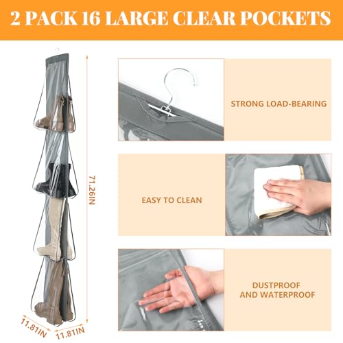 Windyun Sets 16 Large Clear Pockets Fabric Dual Sided Hanging Shoe Rack for Closets Hanging Shoe Organizer with Rotating Hanger Boot Organizer for Storage Men's and Woman's Boots(Gray) - color: Gray