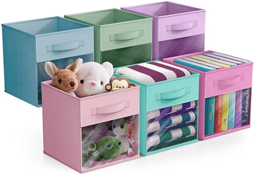 Sorbus 11 Inch Storage Bins with Clear Window - 6 Foldable Baskets for Organizing Clothes, Toys, Books - Sturdy Collapsible Fabric Storage Cubes with Handle - Storage Baskets for Shelves, Closets - color: Pastel Multi-Color 2 with Window, size: 11 Inch