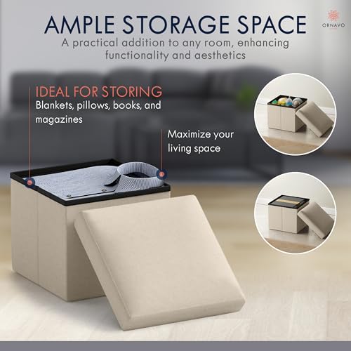 Ornavo Home Small Storage Ottoman Foldable Collapsible Cube Square Linen Ottoman Foot Rest Stool Seat, for Living Room, Bedroom, Home Office, Dorm - 12 x 12 x 12, Beige - color: Beige