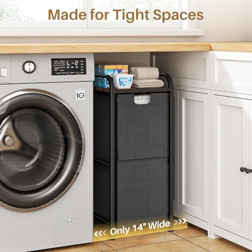 Kitstorack Laundry Hamper, Laundry Basket, Laundry Sorter with a Pull-Out and Removable Bag, Shelf, Metal Frame, 17 Gallons (62 L), Ink Black and Rustic Brown - color: Rustic Brown、Black, size: 1 Bags(15"L x 12.6"W x 27.6"H)