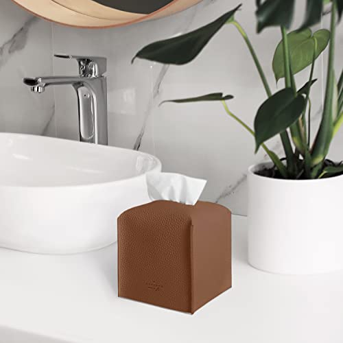 Carrotez Tissue Box Cover, [Refined] Modern PU Leather Square Tissue Box Holder - Decorative Holder/Organizer for Bathroom Vanity Countertop, Night Stands, Office Desk & Car 5"X5"X5" - Camel - color: Camel, size: [Square]