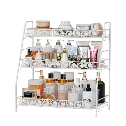 3 Tier Shelf Organizer,Large Size Storage Rack,Counter Organiztion for Bathroom Countertop Shelf for Spice Racks Snacks,for Kitchen/Sink/Bedroom/Living Room/Office/Plant Rack Full Metal - color: White
