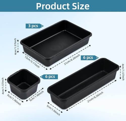 Kutesna 15 Piece Drawer Organizer Set, 3 Size Interlocking Plastic Storage Bins for Office Supplies, Jewelry Makeup Vanity, Bathroom Kitchen, Home Organization Closet, Gadgets Small Items, Black - color: Deep Black, size: 15PC