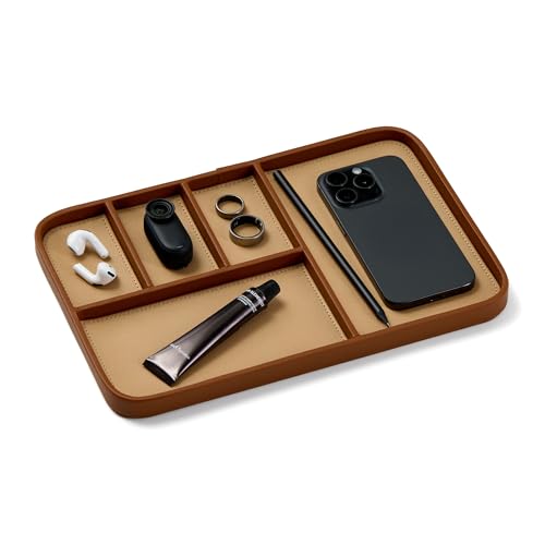 Nordik Leather Valet Tray - Sand Brown - 11.8x7.9 Inch Large Vegan Leather Tray - Stylish Nightstand Organizer for Men - Modern Bedside Caddy - EDC Catchall for Key Watch Wallet Jewellery - color: Sand Brown, size: 11.8in x 7.9in