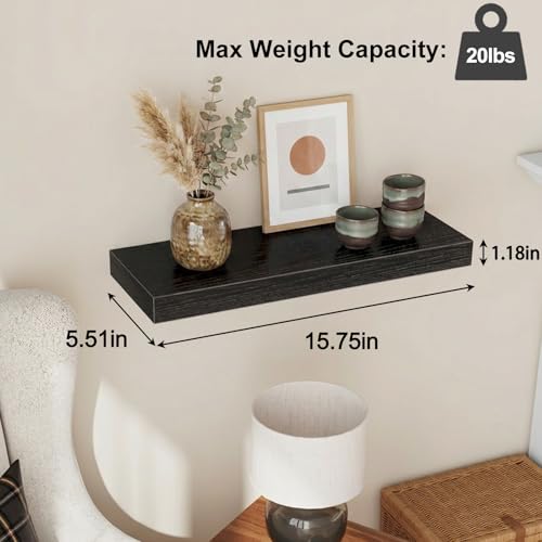 Fixwal Black Floating Shelves for Wall, Rustic Wood Shelves for Bathroom, Living Room, Bedroom and Kitchen, Wall Shelves for Storage, Books, Room Decor (Set of 4, 15.8 Inch) - color: Black