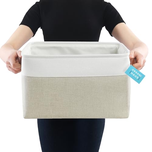 OrganiHaus Extra Large Fabric Storage Baskets for Shelves 3 Pack, 16x13in Closet Storage Bins, Canvas Baskets for Organizing, Linen Closet Organizers, Cloth Basket, Beige/Off-White - color: Beige / Off-White, size: Extra Large - 3pc