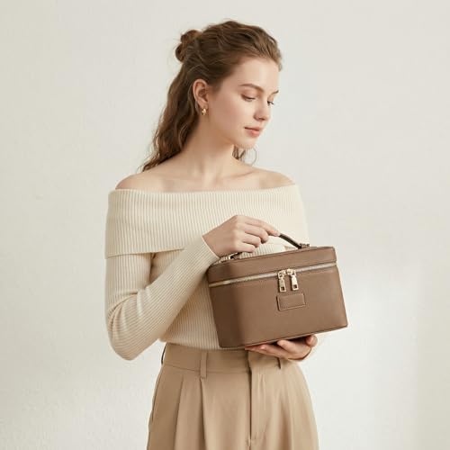 Makeup Bag Vanity Case for Women – Portable Cosmetic Bag Makeup Bag Organizer Travel Toiletry Bag with Removable Divider - color: Khaki
