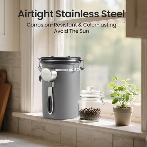 Veken Coffee Canister, Airtight Stainless Steel Kitchen Food Storage Container with Date Tracker and Scoop for Grounds Coffee, Beans, Tea, Flour, Cereal, Sugar, 22OZ, Gray - color: Gray, size: 22 oz