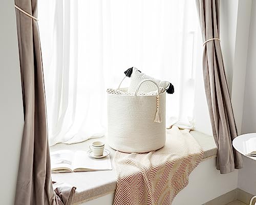 Mkono Tall Laundry Basket Woven Decorative Rope Storage Basket Wooden Bead Decoration for Blankets Toys Clothes Shoes Organizer Bin with Handles Living Room Home Decor, 15" W x 17.7" L, White - color: White, size: 15"W x 17.7"L