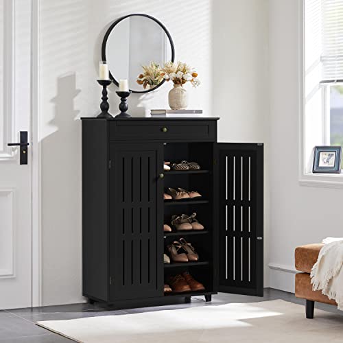 Yaheetech Shoe Cabinet, 5-Tier Shoe Rack Organizer with 1 Drawer, Freestanding Wooden Shoe Storage Cabinet with 2 Louvered Door & Adjustable Shelves for Entryway Hallway, Black - color: Black, size: 31 x 15 x 45.5''