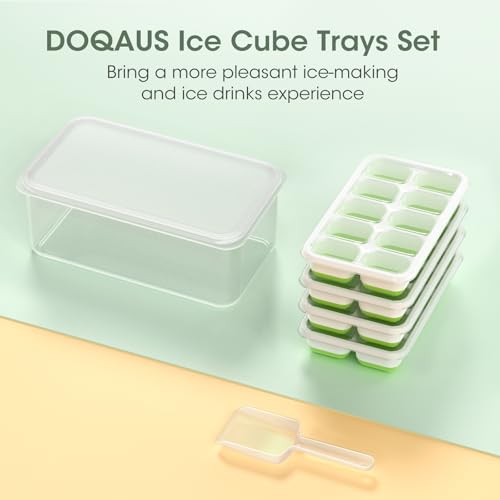 DOQAUS Ice Cube Tray with Lid and Bin - 4 Pack Silicone Ice Cube Trays for Freezer, Stackable Ice Bucket Kits with Storage Container & Scoop for Kitchen, RV, Cocktail, Coffee - color: Green