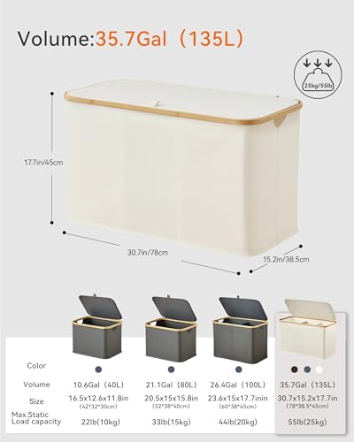 Fabric Storage Bin with Lid, 80L Large Capacity Collapsible Laundry Basket for Clothes, Toys, Blankets, Organizer Caddy for Living Room, Bedroom, Bathroom - color: White, size: 135L