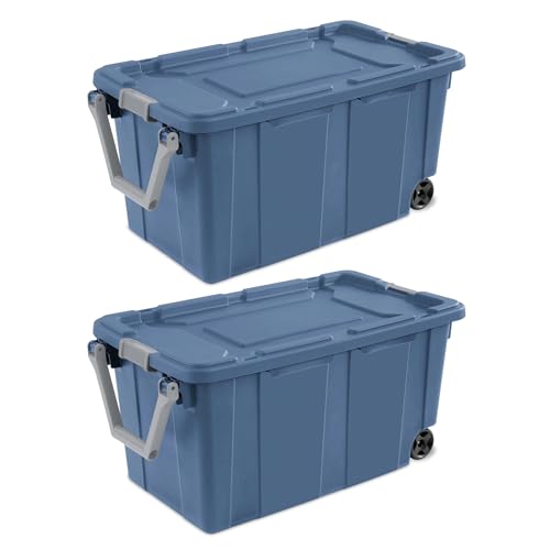 Heavy-Duty Wheeled Storage Totes, Blue Industrial Container with Latching Lid, 40 Gallon Capacity, 36.75x21.38x18 Inches, 2 Pack