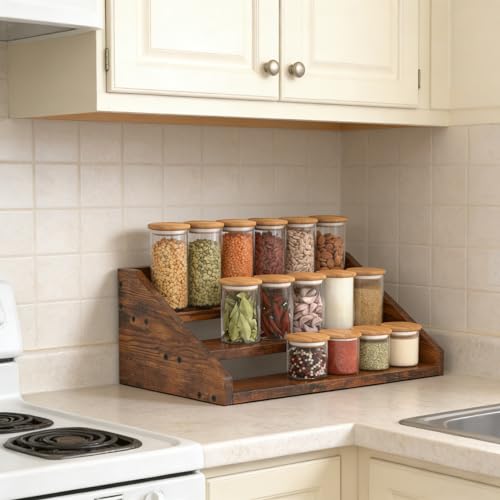 Spice Rack Organizer for Cabinet, Robust Wooden Display Riser Shelf Seasoning Organizer for Countertop Cupboard Pantry, Condiment Jar Kitchen Storage Holder Super Sturdy Stand, Rusitc Brown (3-Tier) - size: 3-Tier