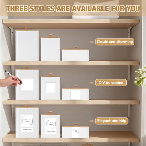 Vesici 3 Pcs Metal Laundry Pod Container 2 Pcs Scoops Dryer Sheet Holder Laundry Room Organizer Storage Jar with Airtight Wood Lid Label for Powder Detergent Dispenser Dryer Ball Bead Room Decor