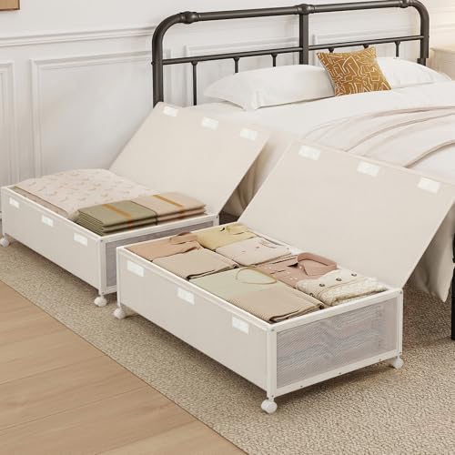 2 Pack Under the Bed Storage Containers,10 inch Height Under Bed Shoe Storage,31inch Long Underbed Storage with Wheels,Large Rolling under bed Clothes Storage Drawers with Lid for Dorm Tall ,Ivory - color: Ivory, size: 2PC (31"Lx17"Wx10"H)