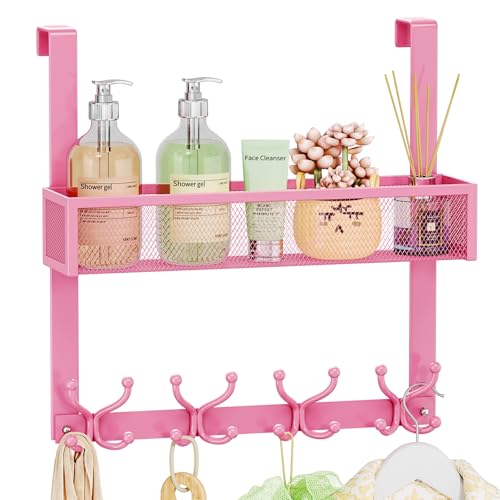 SWTYMIKI Over The Door Hook with 16 Hooks & Mesh Baskets - Heavy Duty Over The Door Organizer Hanger for Towels, Coats, Clothes - Space Saving Hanging Rack for Bathroom, Living Room, Pink - color: Pink-1 Basket