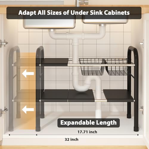 Expandable Under Sink Organizer, 2 Tier Under Sink Shelf with 2 Removable Baskets and 6 Removable Panels for Cabinet Sink Cloakroom Wardrobe Closet Storage(Black, 17.71”-32”Length